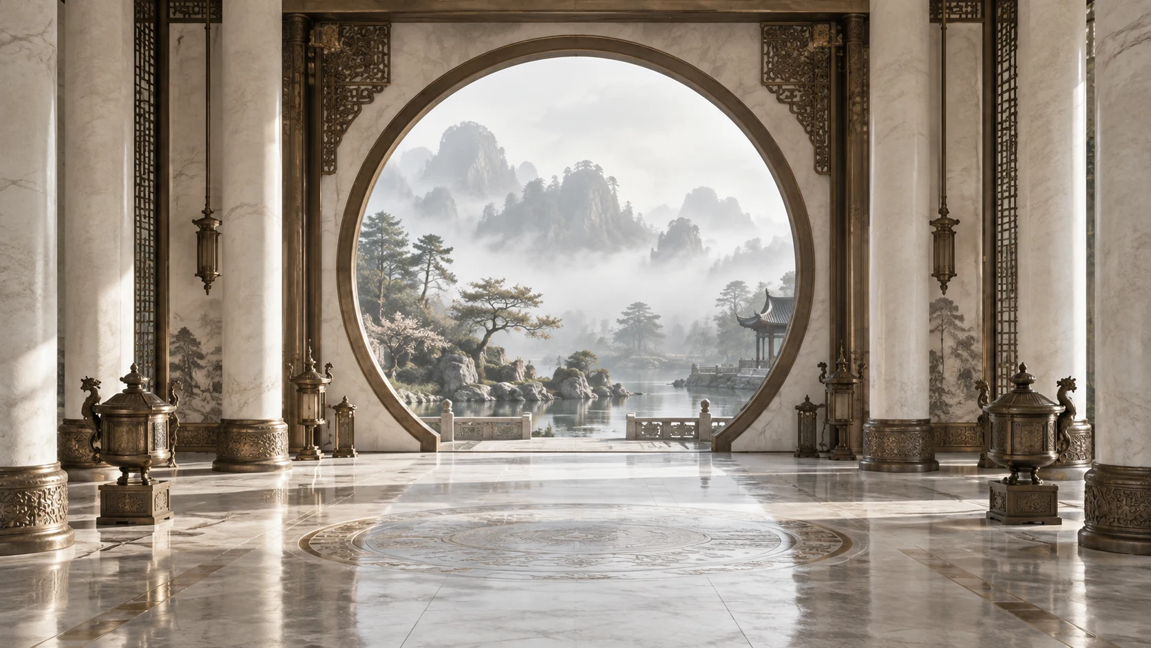 月门通向远山的安静殿堂